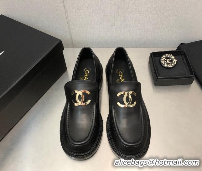 Trendy Design Chanel Shiny Calfskin Loafers with CC Charm 6cm G39602 Black 122264