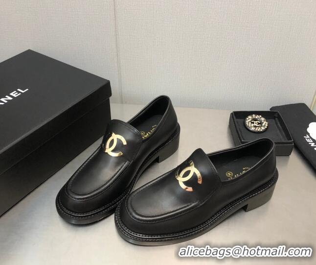 Trendy Design Chanel Shiny Calfskin Loafers with CC Charm 6cm G39602 Black 122264