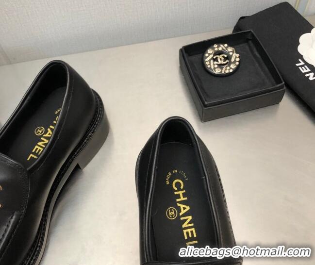 Trendy Design Chanel Shiny Calfskin Loafers with CC Charm 6cm G39602 Black 122264