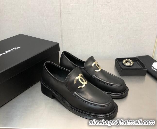 Trendy Design Chanel Shiny Calfskin Loafers with CC Charm 6cm G39602 Black 122264