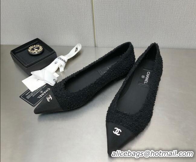 Good Looking Chanel Tweed & Grosgrain Ballerinas with Crystal CC Black 122269