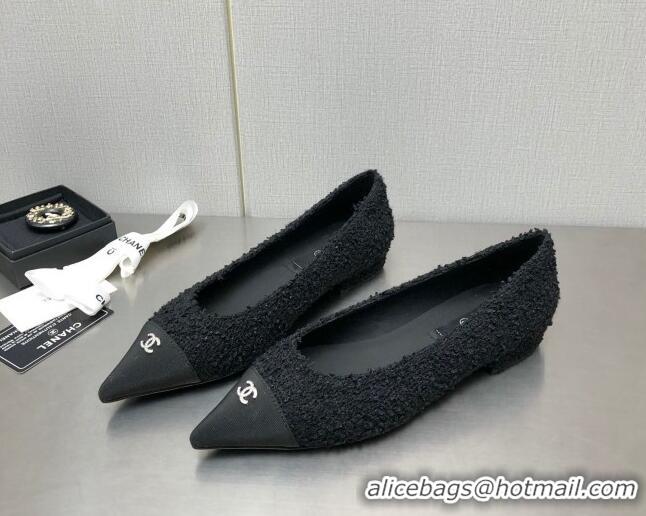 Good Looking Chanel Tweed & Grosgrain Ballerinas with Crystal CC Black 122269