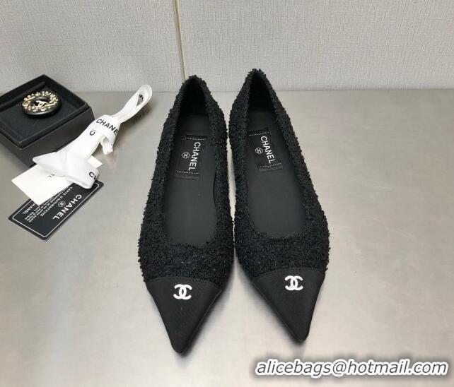 Good Looking Chanel Tweed & Grosgrain Ballerinas with Crystal CC Black 122269