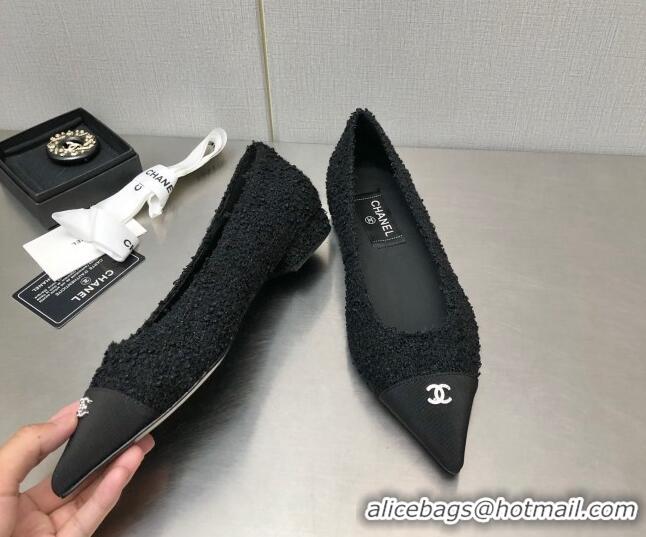 Good Looking Chanel Tweed & Grosgrain Ballerinas with Crystal CC Black 122269