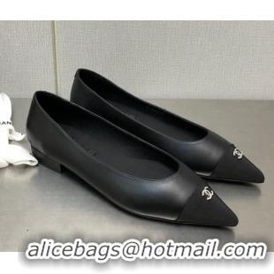 Stylish Chanel Lambskin & Grosgrain Ballerinas with Crystal CC Black 122270