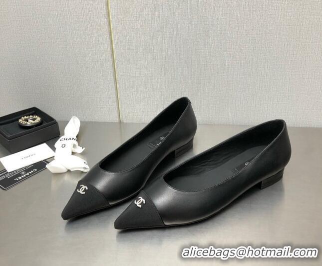 Stylish Chanel Lambskin & Grosgrain Ballerinas with Crystal CC Black 122270