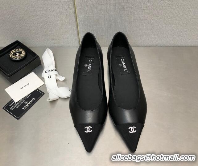 Stylish Chanel Lambskin & Grosgrain Ballerinas with Crystal CC Black 122270