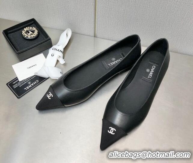 Stylish Chanel Lambskin & Grosgrain Ballerinas with Crystal CC Black 122270