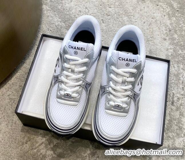 Discount Chanel Mesh & Laminated Leather Sneakers G39792 White/Silver 122276