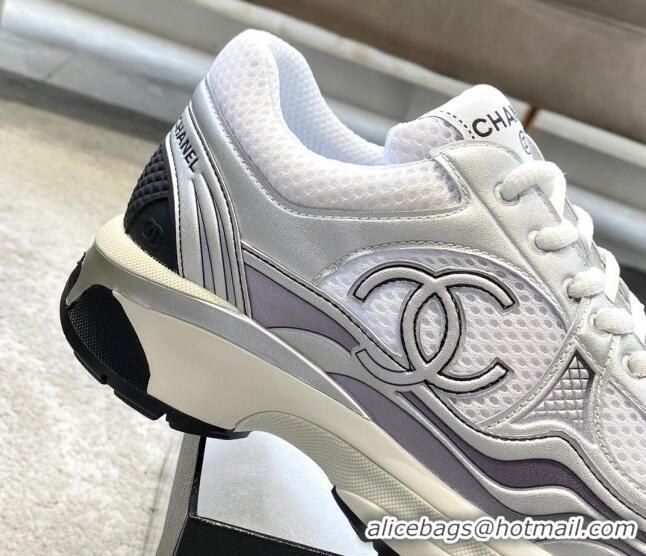 Discount Chanel Mesh & Laminated Leather Sneakers G39792 White/Silver 122276