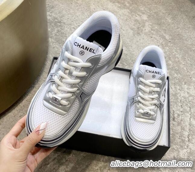 Discount Chanel Mesh & Laminated Leather Sneakers G39792 White/Silver 122276