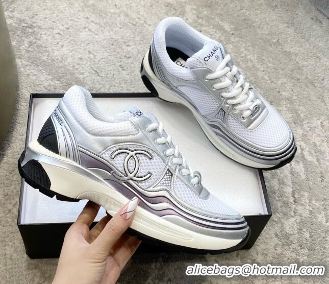 Discount Chanel Mesh & Laminated Leather Sneakers G39792 White/Silver 122276