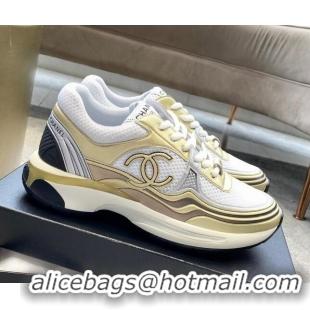 Best Price Chanel Mesh & Laminated Leather Sneakers G39792 White/Gold 122277