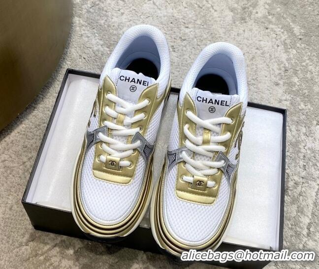 Best Price Chanel Mesh & Laminated Leather Sneakers G39792 White/Gold 122277