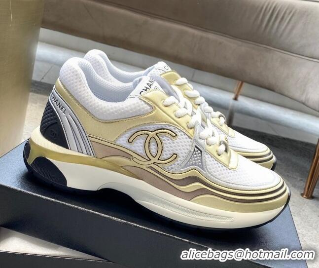 Best Price Chanel Mesh & Laminated Leather Sneakers G39792 White/Gold 122277