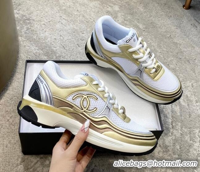 Best Price Chanel Mesh & Laminated Leather Sneakers G39792 White/Gold 122277