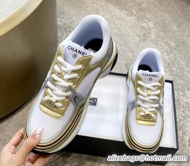 Best Price Chanel Mesh & Laminated Leather Sneakers G39792 White/Gold 122277