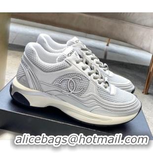 Unique Style Chanel Mesh & Laminated Leather Sneakers G39792 Light Gray/Silver 122278