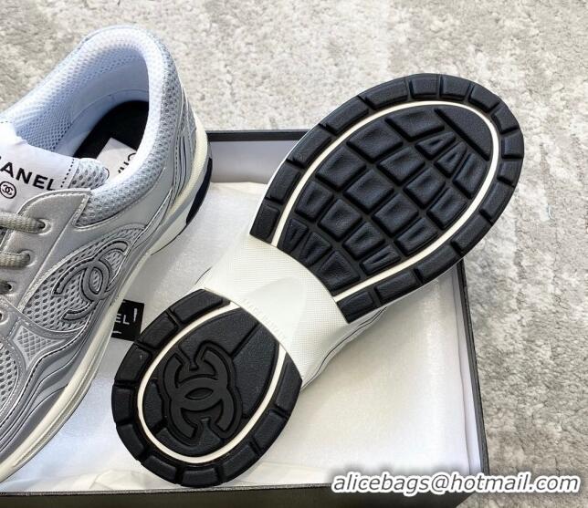 Unique Style Chanel Mesh & Laminated Leather Sneakers G39792 Light Gray/Silver 122278