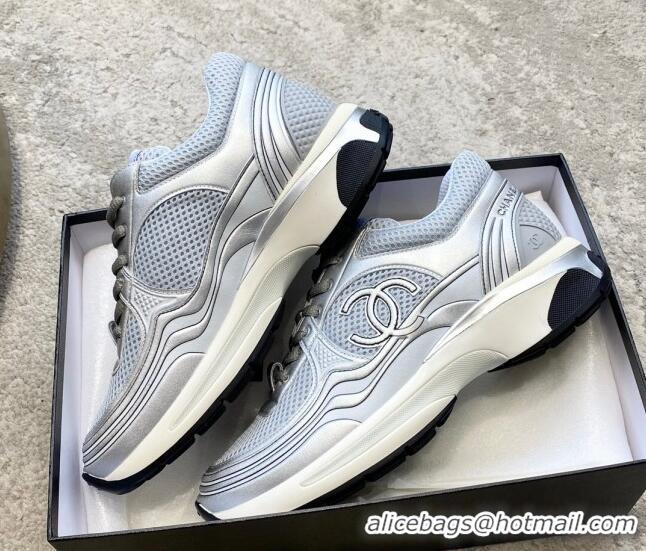 Unique Style Chanel Mesh & Laminated Leather Sneakers G39792 Light Gray/Silver 122278