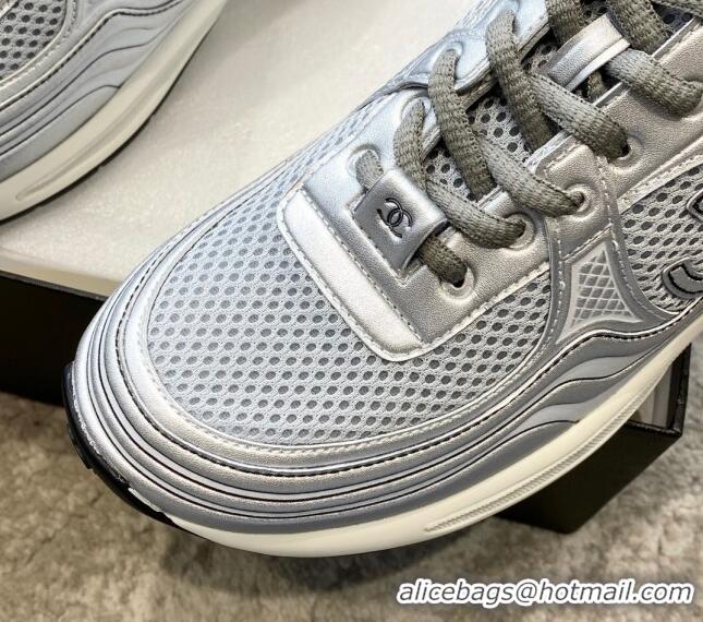 Unique Style Chanel Mesh & Laminated Leather Sneakers G39792 Light Gray/Silver 122278