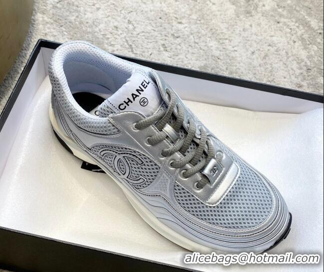 Unique Style Chanel Mesh & Laminated Leather Sneakers G39792 Light Gray/Silver 122278