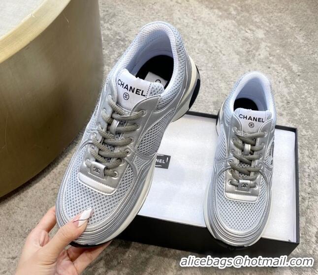 Unique Style Chanel Mesh & Laminated Leather Sneakers G39792 Light Gray/Silver 122278