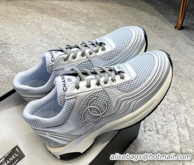 Unique Style Chanel Mesh & Laminated Leather Sneakers G39792 Light Gray/Silver 122278