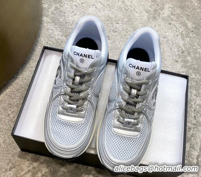 Unique Style Chanel Mesh & Laminated Leather Sneakers G39792 Light Gray/Silver 122278