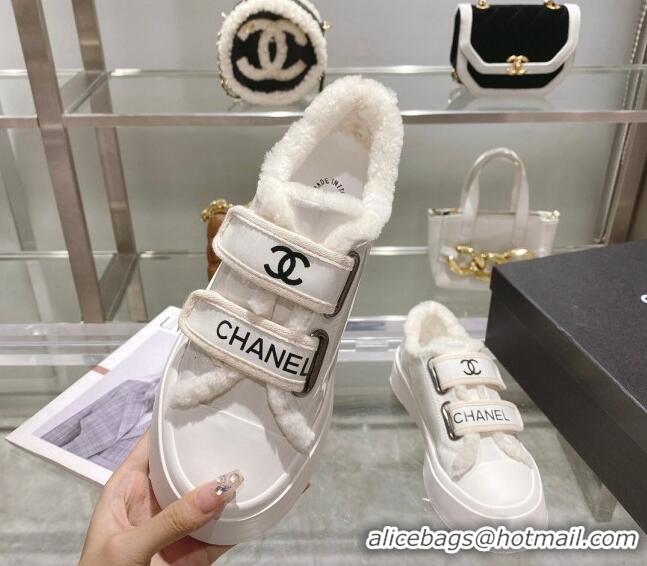 Classic Hot Chanel Patent Leather and Wool Sneakers White 122280