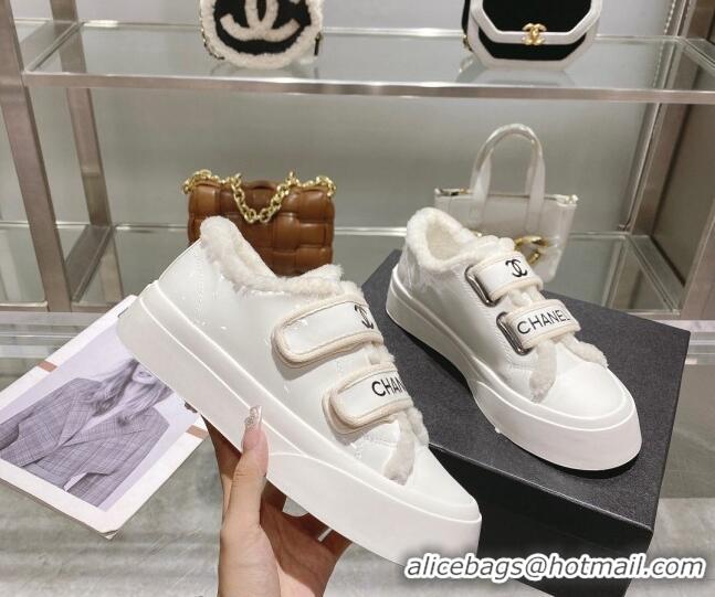 Classic Hot Chanel Patent Leather and Wool Sneakers White 122280