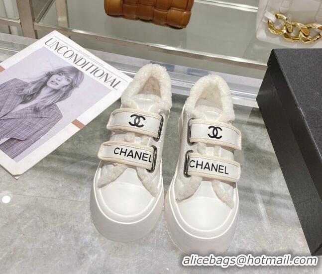 Classic Hot Chanel Patent Leather and Wool Sneakers White 122280