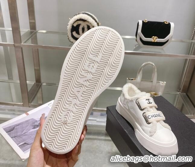 Classic Hot Chanel Patent Leather and Wool Sneakers White 122280