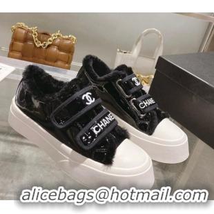 Sophisticated Chanel Patent Leather and Wool Sneakers Black 122281