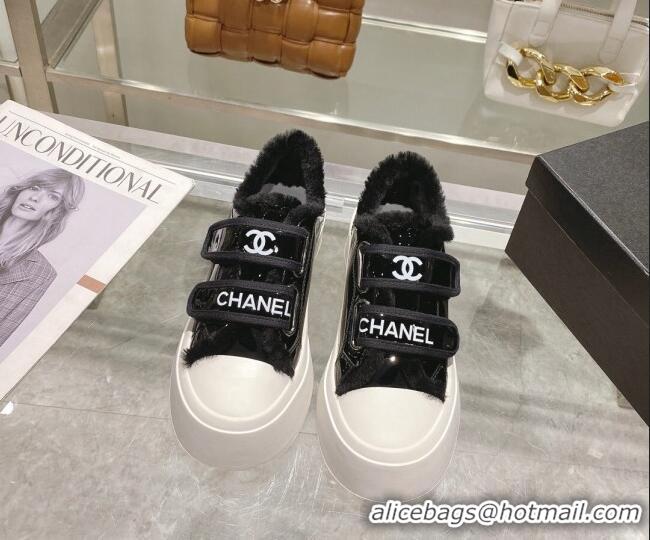 Sophisticated Chanel Patent Leather and Wool Sneakers Black 122281