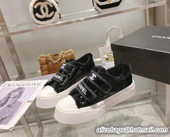 Sophisticated Chanel Patent Leather and Wool Sneakers Black 122281