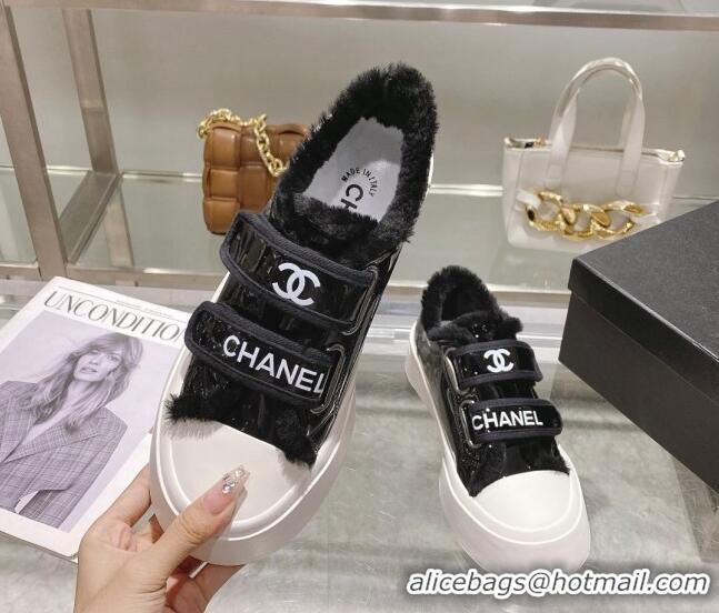 Sophisticated Chanel Patent Leather and Wool Sneakers Black 122281