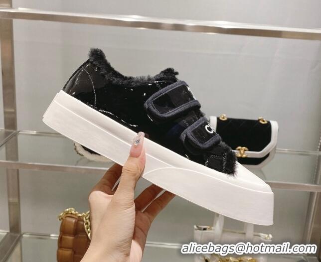 Sophisticated Chanel Patent Leather and Wool Sneakers Black 122281