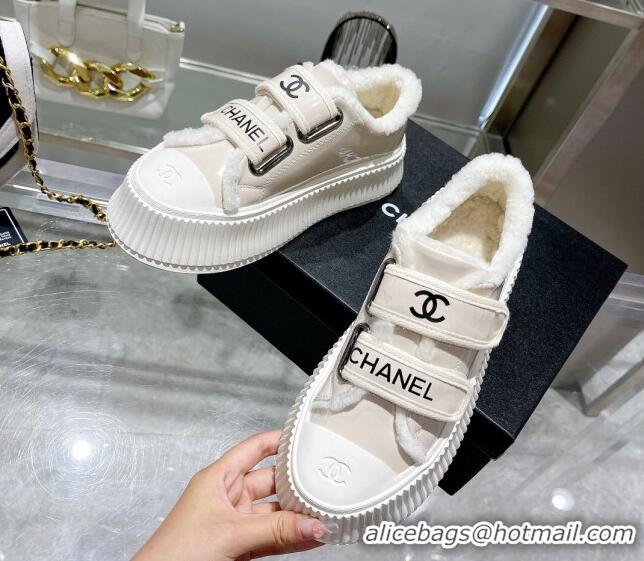 Shop Duplicate Chanel Patent Leather and Wool Platform Sneakers Apricot 122283