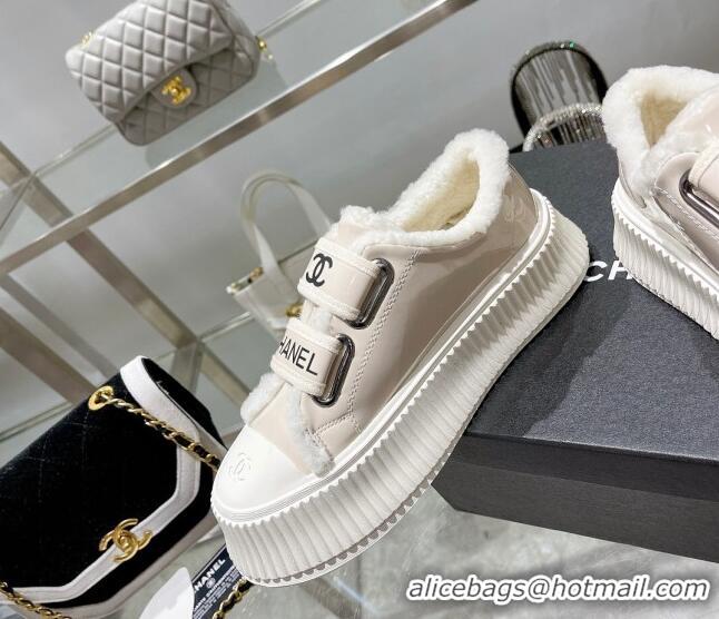 Shop Duplicate Chanel Patent Leather and Wool Platform Sneakers Apricot 122283