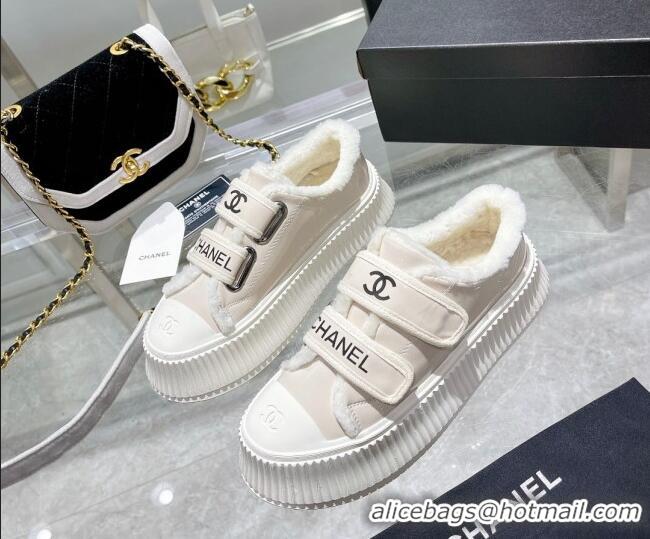 Shop Duplicate Chanel Patent Leather and Wool Platform Sneakers Apricot 122283