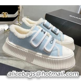 Most Popular Chanel Patent Leather and Wool Platform Sneakers Blue 122284