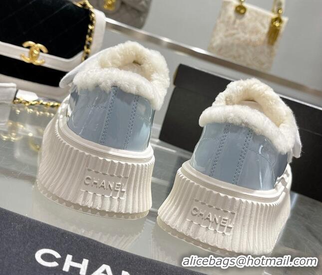 Most Popular Chanel Patent Leather and Wool Platform Sneakers Blue 122284