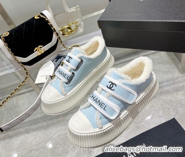 Most Popular Chanel Patent Leather and Wool Platform Sneakers Blue 122284