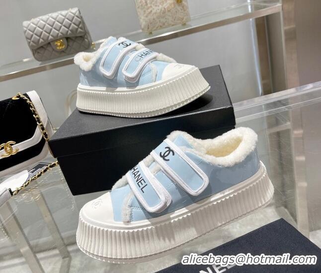 Most Popular Chanel Patent Leather and Wool Platform Sneakers Blue 122284