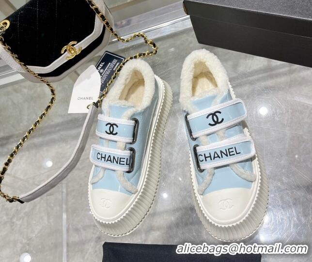 Most Popular Chanel Patent Leather and Wool Platform Sneakers Blue 122284