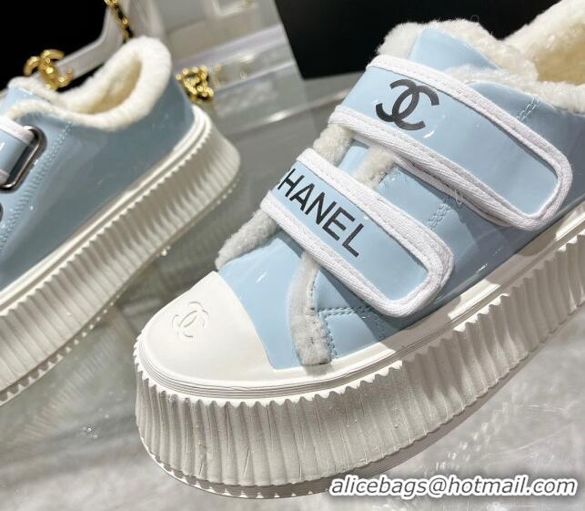 Most Popular Chanel Patent Leather and Wool Platform Sneakers Blue 122284