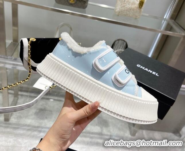 Most Popular Chanel Patent Leather and Wool Platform Sneakers Blue 122284