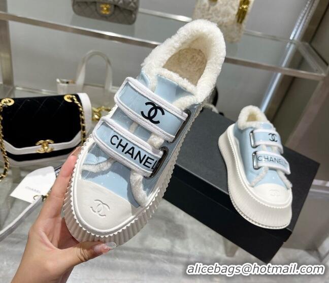 Most Popular Chanel Patent Leather and Wool Platform Sneakers Blue 122284