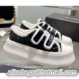 Good Product Chanel Patent Leather and Wool Platform Sneakers Black 122285